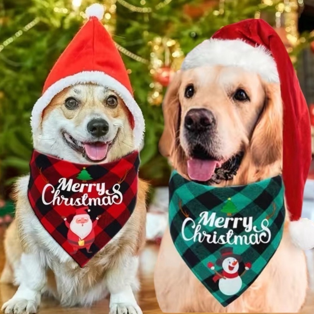 Christmas Dog Bandannas Tartan Plaid Merry Christmas Tie On 19” OS 2 PC Set